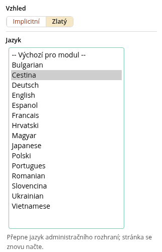 Výběr jazyka administrace z patnácti jazyků